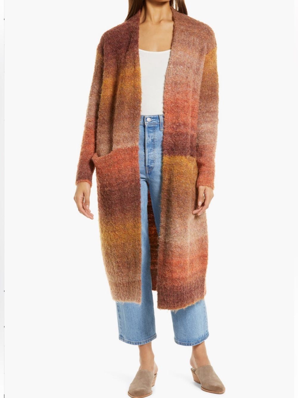 Caslon Long Ombre Open-Front Cardigan - Rust, Mustard, Brown , Nordstrom